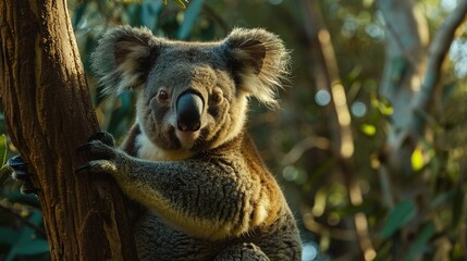Fototapeta premium Koala on a tree with trees and sky in the background