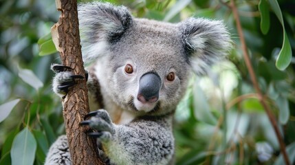 Fototapeta premium A close-up image of a koala perched on a tree branch with leaves in the foreground and a fuzzy background