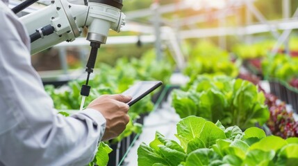 Photo of an agricultural greenhouse with a sophisticated robotic arm watering lettuce