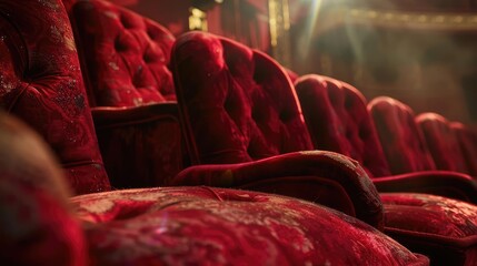 Fototapeta premium Closeup of the plush red velvet seats in a classic theatre, with a spotlight beam shining on them