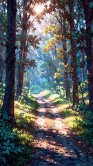 Fototapeta premium an illustration of A serene shot of a forest path illuminated by rays of sunlight filtering through the trees