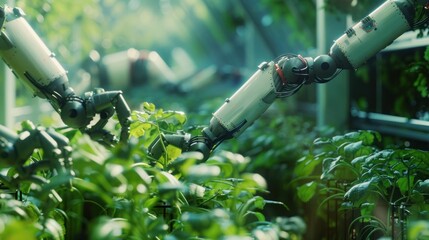 featuring modern technology and environmentally friendly practices with robots harvesting vegetables.