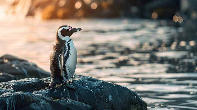   A penguin atop a rock beside an icy body of water