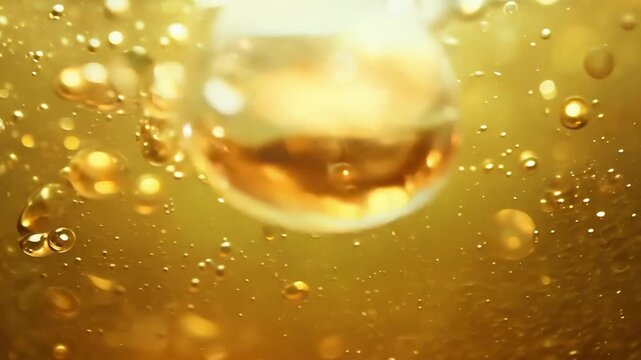 Golden bubbles in Sparkling wine champagne close up