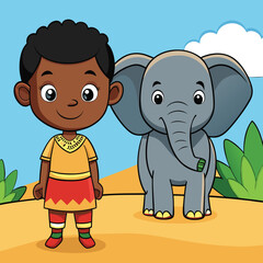 Kid with cute elephant story book vector art