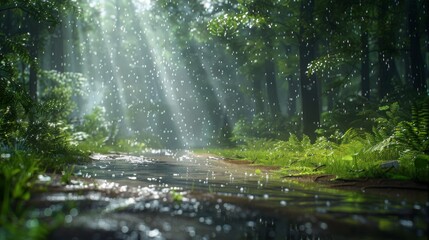 Obraz premium Image of the forest trail atmosphere with light rain falling. Create a shady and quiet atmosphere