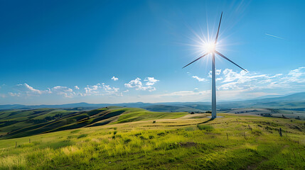 Single Wind Turbine on a Hilltop With a Sunny Sky. Generative AI.