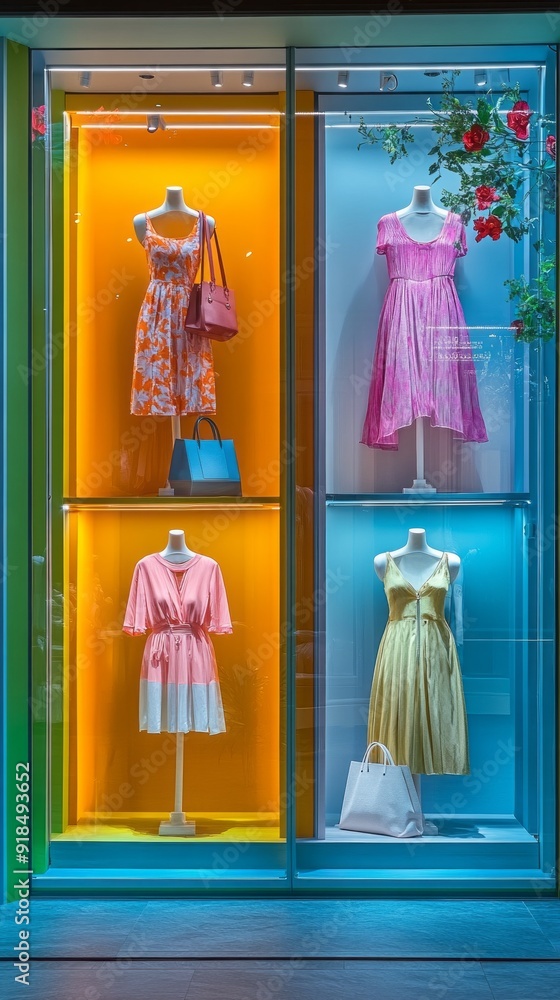Poster a display of four different colored dresses in a store window