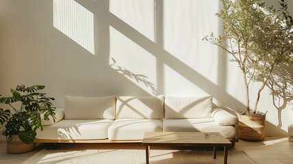 Interior of modern living room with comfortable light soft sofa, Cozy space in monochrome residential interior.