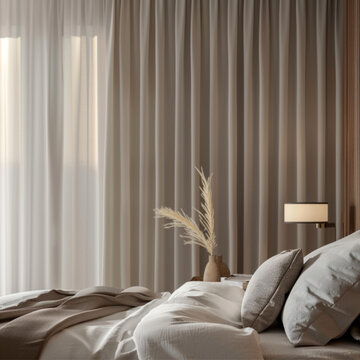 Capturing the unique blend of functionality and style in a bedroom adorned with dimout curtains and minimalist scandinavian furniture. 