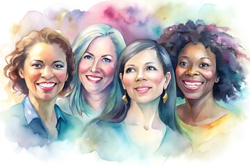 Soft watercolor portrait of four diverse women with cheerful expressions, painted in a colorful, expressive style that emphasizes unity and feminine empowerment