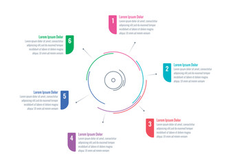 six steps information template. circular infographic template. infographic template for technology, industry, education, business and science world. annual report, book, magazine information template