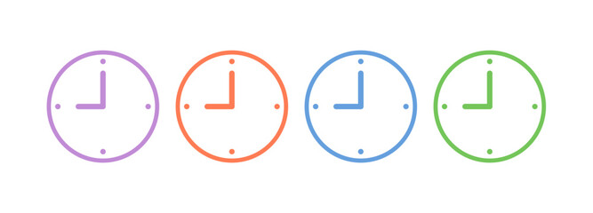 purple, orange, blue and green analog clock face. wall clock concept in four colors