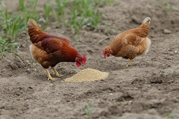Fototapeta premium brown chicken and two other chickens are in an outdoor yard