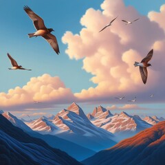 Naklejka premium Birds soar through a breathtaking alpine panorama with snow-capped peaks, endless sky, and distant clouds