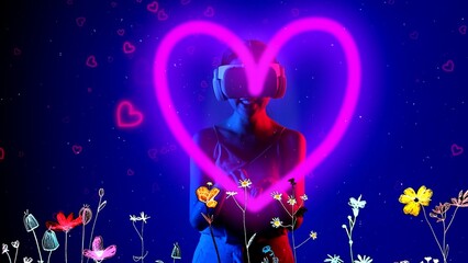 Beautiful Asian woman in VR to metaverse interacting virtual neon flowers drawing lighting pink heart with fingers blossom blue background 3D pollen graphic floating meta garden world. Hallucination.