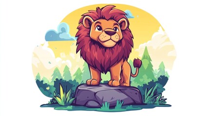Cute Cartoon Lion Standing on a Rock in a Forest