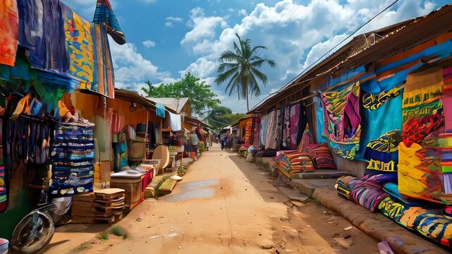 Lively African market street with colorful textiles.