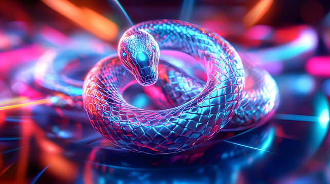 Coiled serpent with graphic lines emerging from neon vortex.