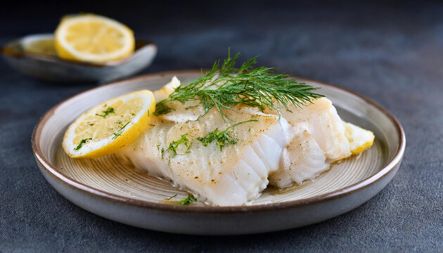 Haddock fillets steamed with garlic and lemon, garnished with fresh dill. Tasty dish. Delicious meal