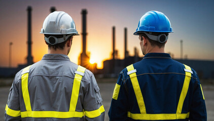 Back View of Workers in Hard Hats and Reflective Uniforms Standing in Front of Large Industrial Facility