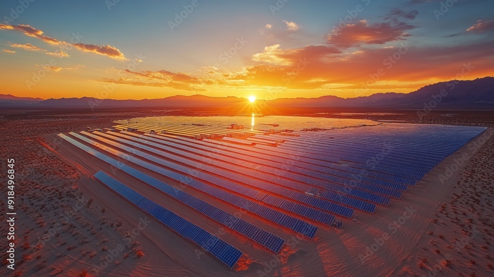 Poster a large field of solar panels with the sun setting in the background