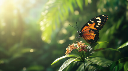 Obraz premium Monarch butterfly perched on a flower in a sunlit garden. Close-up of vibrant nature scene with green foliage.