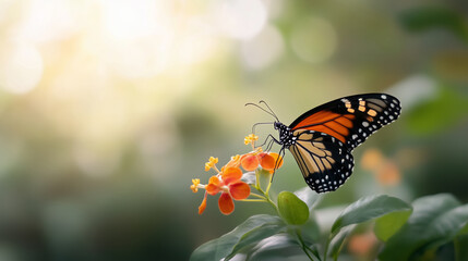Obraz premium Monarch butterfly resting on orange flowers in a sunlit garden. Close-up of vibrant nature scene with soft background.