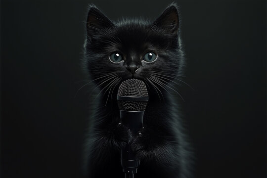 Adorable Black Kitten Holding Microphone, Spotlight on Pet, Singing Concept