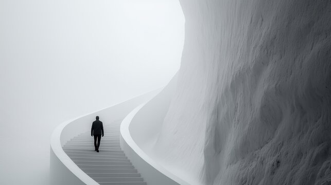 Surreal Minimalist Scene of a Lone Figure Ascending a Curved Staircase in a Monochromatic Foggy Landscape