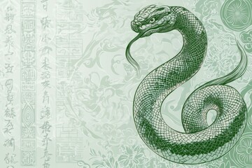 Obraz premium Ethereal Serpent of the Chinese Zodiac: A Stylized Illustration of the Snake Encircled with Geometric Florals on a Verdant Background