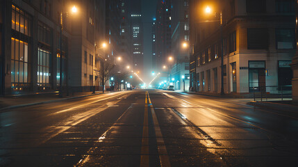 the night streets are quiet with dim street lights