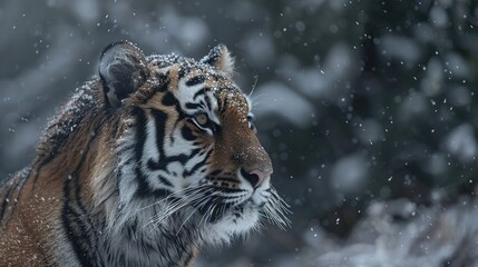 Obraz premium A tiger standing in snow, with its head turned and eyes opened