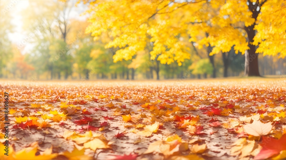 Poster autumn view with fallen maple leaves and trees in the distance on a sunny day