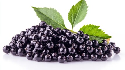 A cluster of shiny, black elderberries with small green leaves, arranged against a stark white backdrop.