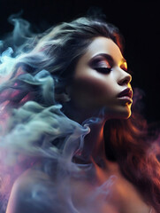 Artistic fashion studio portrait of beautiful young woman covered in colorful smoke.
