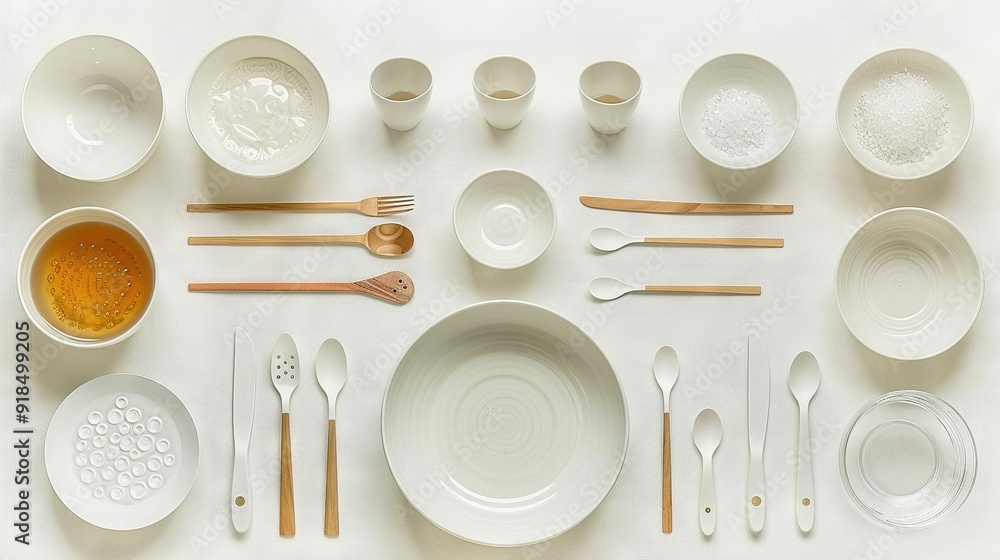 Wall mural a pristine table, adorned with numerous white dishes and cutlery