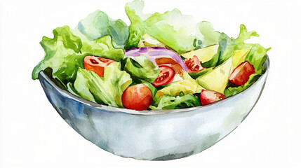 A watercolor bowl of salad centered on a white background