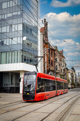 Nowoczesny tramwaj elektryczny na ulicach miasta. Katowice. Polska Modern electric tram on the city streets. Katowice. Poland    © jarizPJ