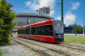 Nowoczesny tramwaj elektryczny na ulicach miasta. Katowice. Polska Modern electric tram on the city streets. Katowice. Poland    © jarizPJ