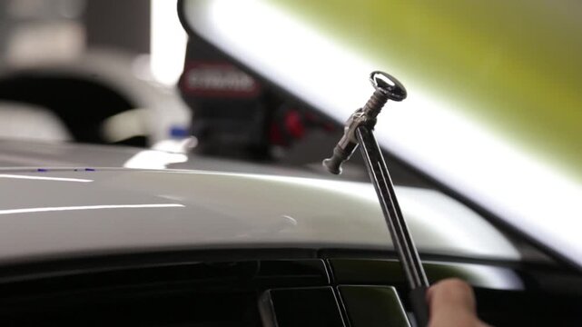 A specialist repairs a dent on the car body without painting. Removing dents on the car. PDR technology. Car body repair without painting. 	