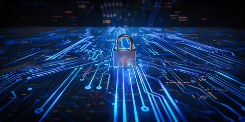 Digital Security: Lock on Circuit Board Representing Cybersecurity