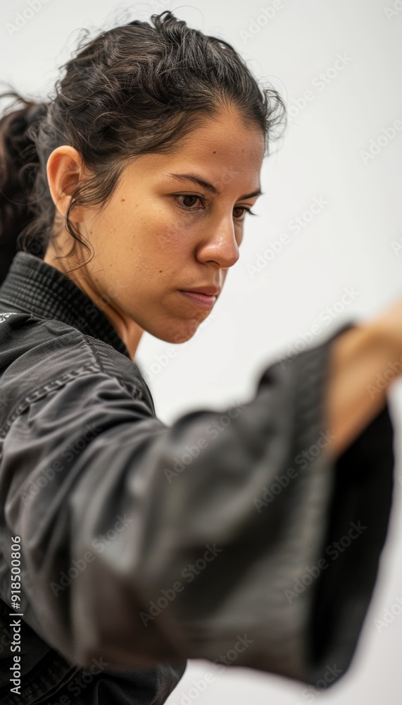 Poster self-defense class focusing on wrist lock technique in a neutral studio setting for training materia