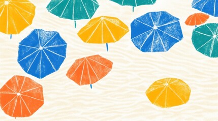 Colorful Beach Umbrellas Over Sandy Shore in Summertime Abstract Aerial View