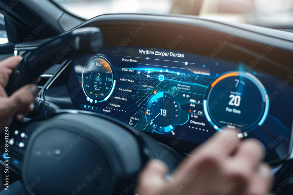 Aufkleber close-up of car dashboard with fuel efficiency metrics and driver adjusting for optimal performance