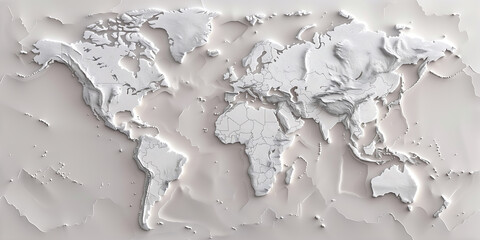 Minimalist White World Map with Topographic Relief