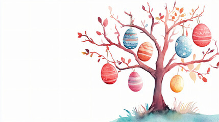 A watercolor Easter egg tree with hanging ornaments on a plain white background