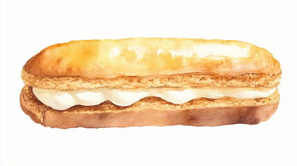 A watercolor &eacute;clair filled with cream on a plain white background