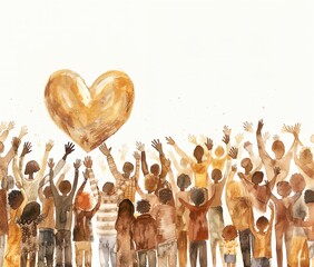 Group of diverse young people with arms and hands raised towards a hand-drawn heart. Charity donation, sponsorship, godparenthood, volunteer work, support, assistance. Multicultural community.