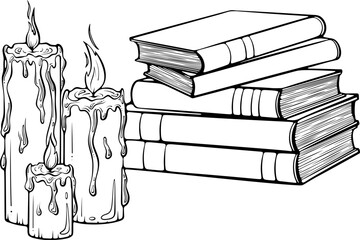 Stack of books with candles. Magic, esoteric, witchcraft, or mystery book symbol. Vector illustration in hand drawn sketch doodle style. Line art isolated on white for coloring book, print